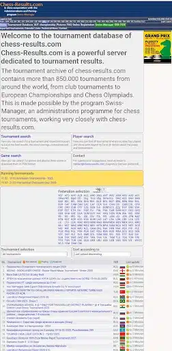 The chess-results home page showing The list of nationalities and upcoming global tournaments