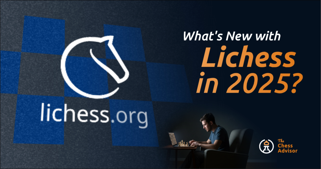 Graphic showing a man using Lichess on PC.