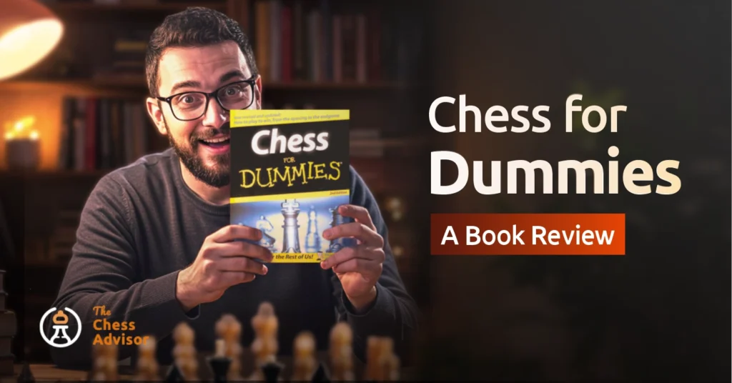 Graphic showing a man holding the chess book titled Chess For Dummies
