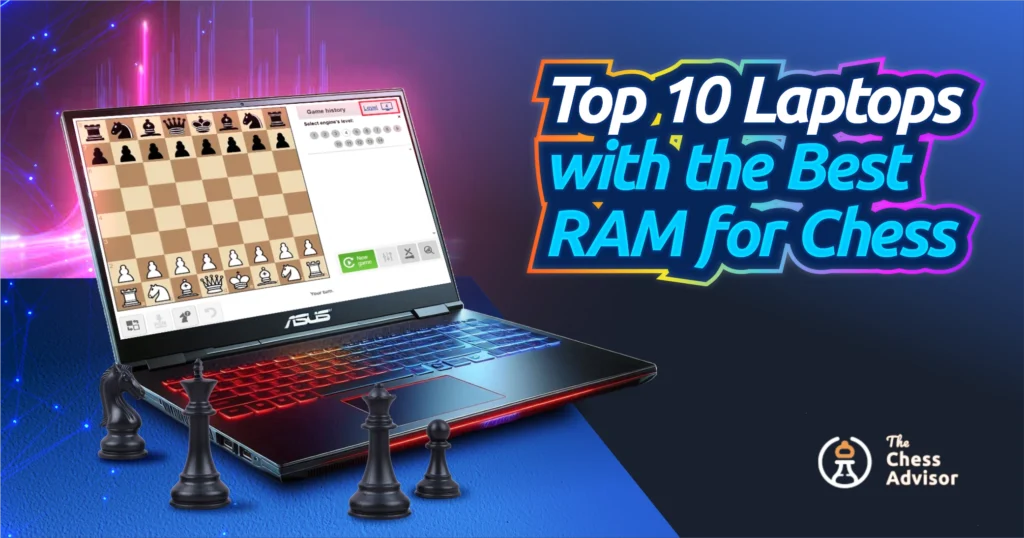 A laptop with a display showing a chess position