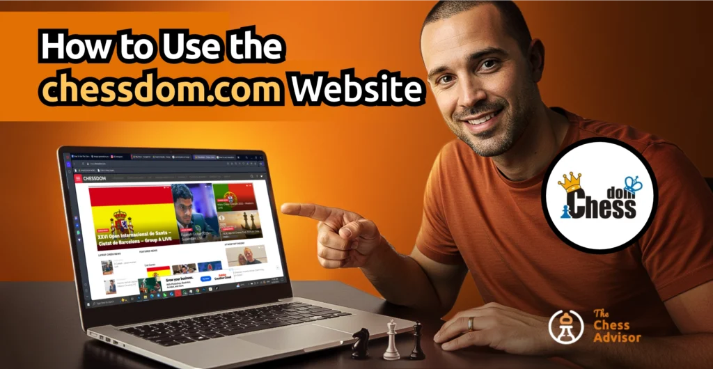 Man pointing to chessdom.com website on laptop