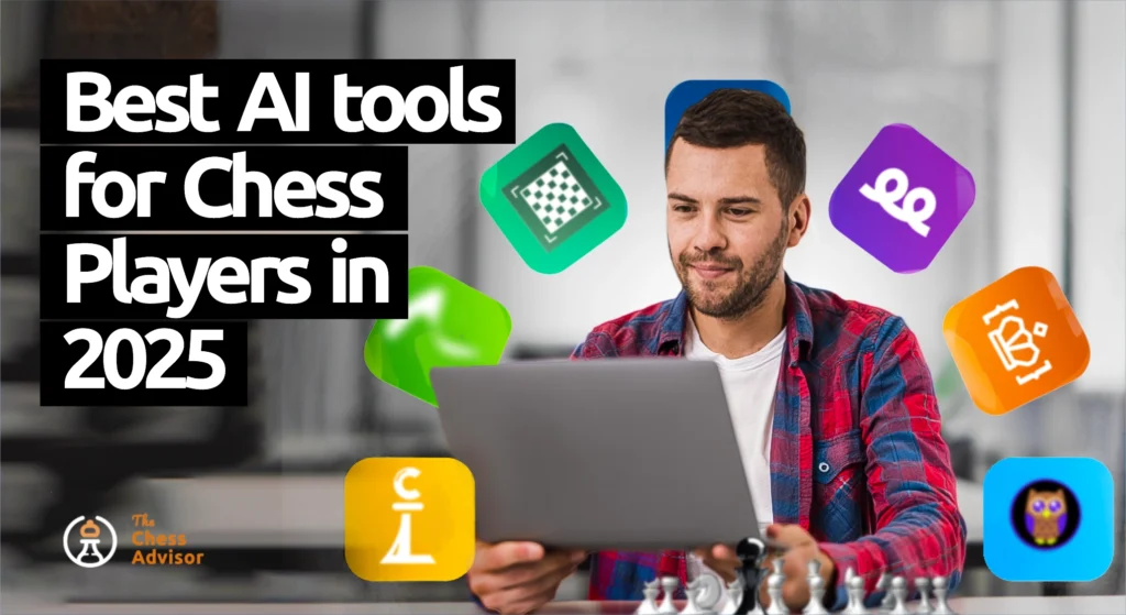 A man sitting on his laptop encircled by the logos of AI chess tools like Aimchess
