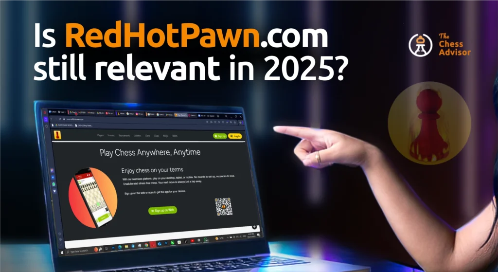 An arm pointing at a device screen showing the redhotpawn interface