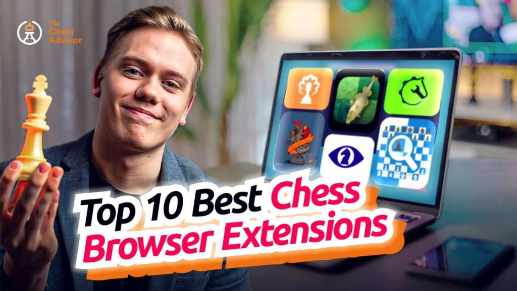 A man holding a chess piece beside a screen showing multiple chess browser extension logos