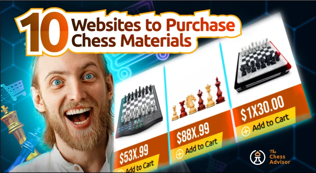 A visibly happy man beside a virtual display of chess sets for sale