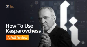 Kasparov holding a chess piece on a design promoting Kasparovchess